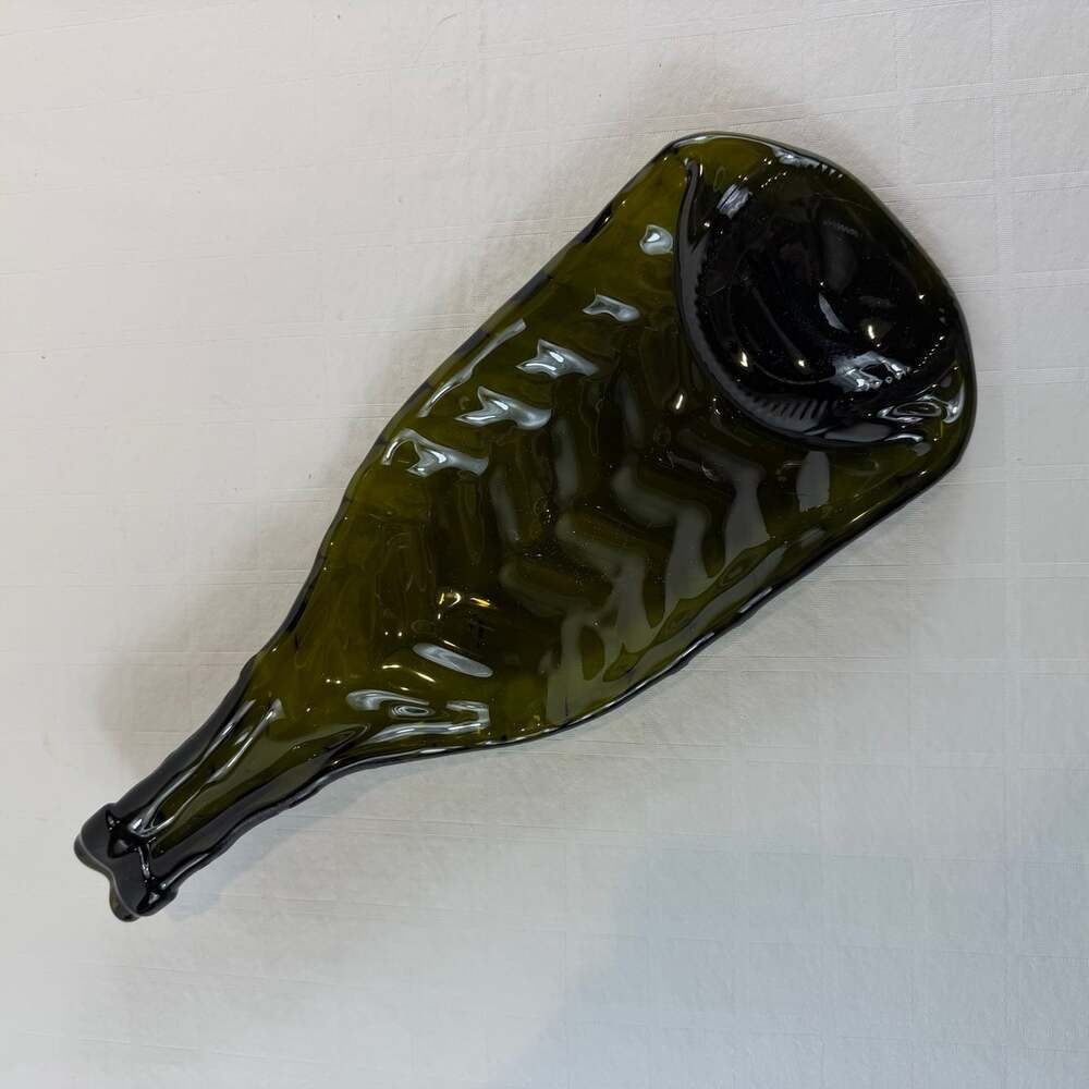Melted Green  Glass Wine Bottle Tray 11 1/2”x4” Handmade Unique Gift - Picture 2 of 9